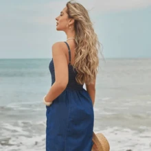 Women's Denim Dress With Straps - Casual And Versatile - Màu xanh hải quân - Xem 4