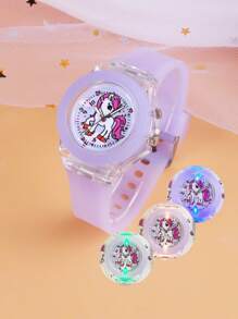 Bộ 2 chiếc/bộ đồng hồ LED phát sáng hình kỳ lân cho bé gái và vòng tay đính hạt - Màu tím - Xem 3