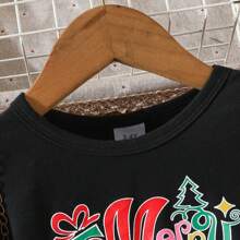 2 piezas/Set Top con estampado de letra y muñeco de nieve de Navidad y pantalón acampanado para niñas