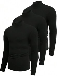 3pcs/Set Men's Turtleneck Long Sleeve T-Shirts - Black - View 1