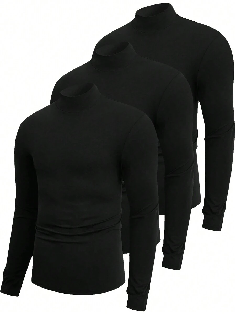 3pcs/Set Men's Turtleneck Long Sleeve T-Shirts - Black - View 1