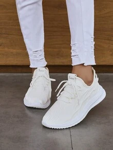 1 Par de Tênis Esportivos Casuais Confortáveis e Respiráveis de Tela Sólida Simples para Mulheres, Sapatos de Corrida Externos Estilosos e Simples - Branco - Visão 11