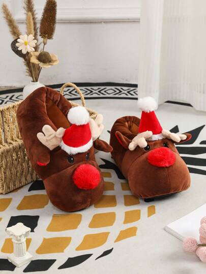 Plus Size Thick Warm Christmas Reindeer Indoor Slippers