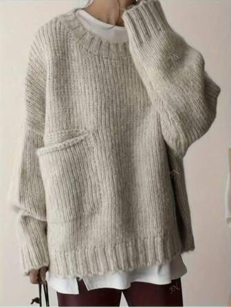 Maglione lavorato a maglia con collo a giro, maniche lunghe, stile casual, adatto per l'autunno e l'inverno, taglie forti