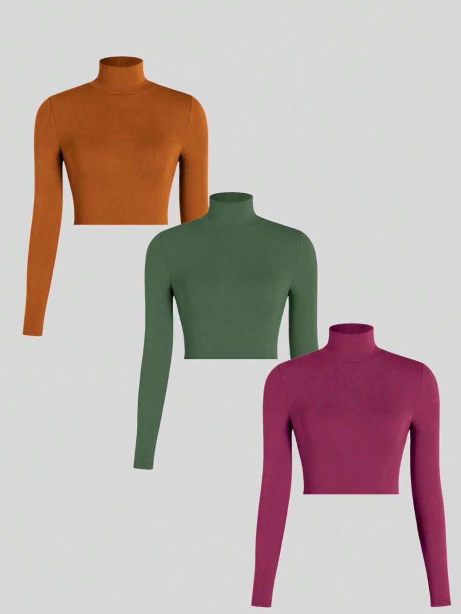 Kit 3 Ribbed Cropped Tops High Neck Long Sleeve Women's Fashion Elegant Foreign Woman - Karamel, hijau dan anggur - View 1