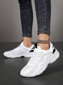 女士休闲运动鞋，多功能透气网面皮革拼接跑步鞋，轻便时尚个性休闲运动鞋，适合女学生户外聚会，洛丽塔风格舒适步行鞋，四季皆宜 - 白色 - 查看 5