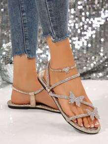 多带蝴蝶水钻装饰女士拖鞋，夏季/秋季两穿凉鞋，法式时尚银色拖鞋适合约会、派对、居家、休闲 - 金色 - 查看 3