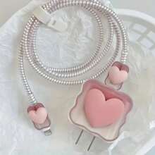 5件套粉色心形充电头和数据线保护配件，兼容苹果充电器数据线保护器，充电器保护器