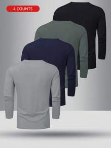 4pcs Men Casual Solid Color Crew Neck Sweatshirts, Fall Clothes