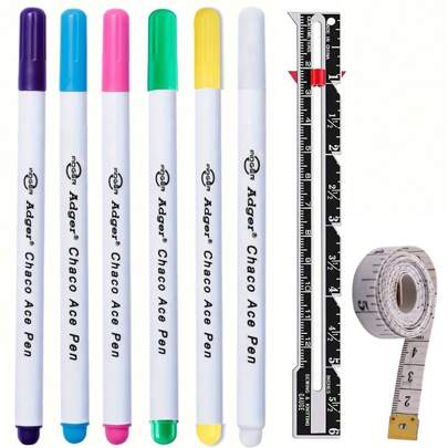 1/3/6/8 piezas Bolígrafos marcadores de tela solubles en agua, Regla de medición de aleación de aluminio, Cinta métrica suave, Adecuado para sastrería, herramientas de marcado y delineado de telas