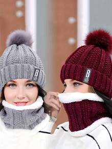 1 件-2 件套冬季颈部保暖器和针织帽套装，加厚毛绒防风防寒休闲保暖帽颈围巾 - 酒紅色 - 查看 10