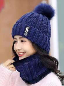 1pc-2 Pcs/Set Winter Neck Warmer & Knit Hat Set, Thicken Plush Windproof & Coldproof Casual Warm Hat Neck Scarf - Black - View 21