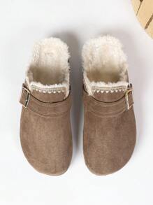 Fuzzy Slippers For Women Outdoor Wear, 2024 New Autumn/Winter Vintage French Style, Casual Comfortable Flat Shoes With Fur Lining, Fashion Leopard Print Platform Slide Sandals,Mule - Khaki - View 8