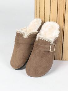 Fuzzy Slippers For Women Outdoor Wear, 2024 New Autumn/Winter Vintage French Style, Casual Comfortable Flat Shoes With Fur Lining, Fashion Leopard Print Platform Slide Sandals,Mule - Khaki - View 9