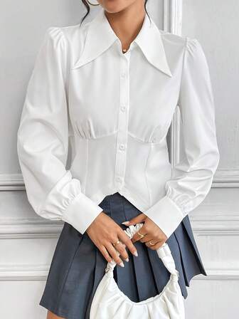 Women's Turn-Down Collar Button Front Long Sleeve Shirt