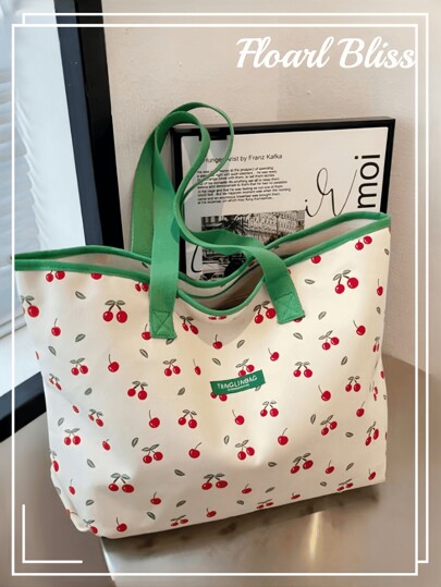 2024 New Women's INS Fresh And Sweet Cherry Printed Canvas Tote Bag With Large Capacity, Commuting Handbag And Shoulder Bag, Kawaii Cherry Elements