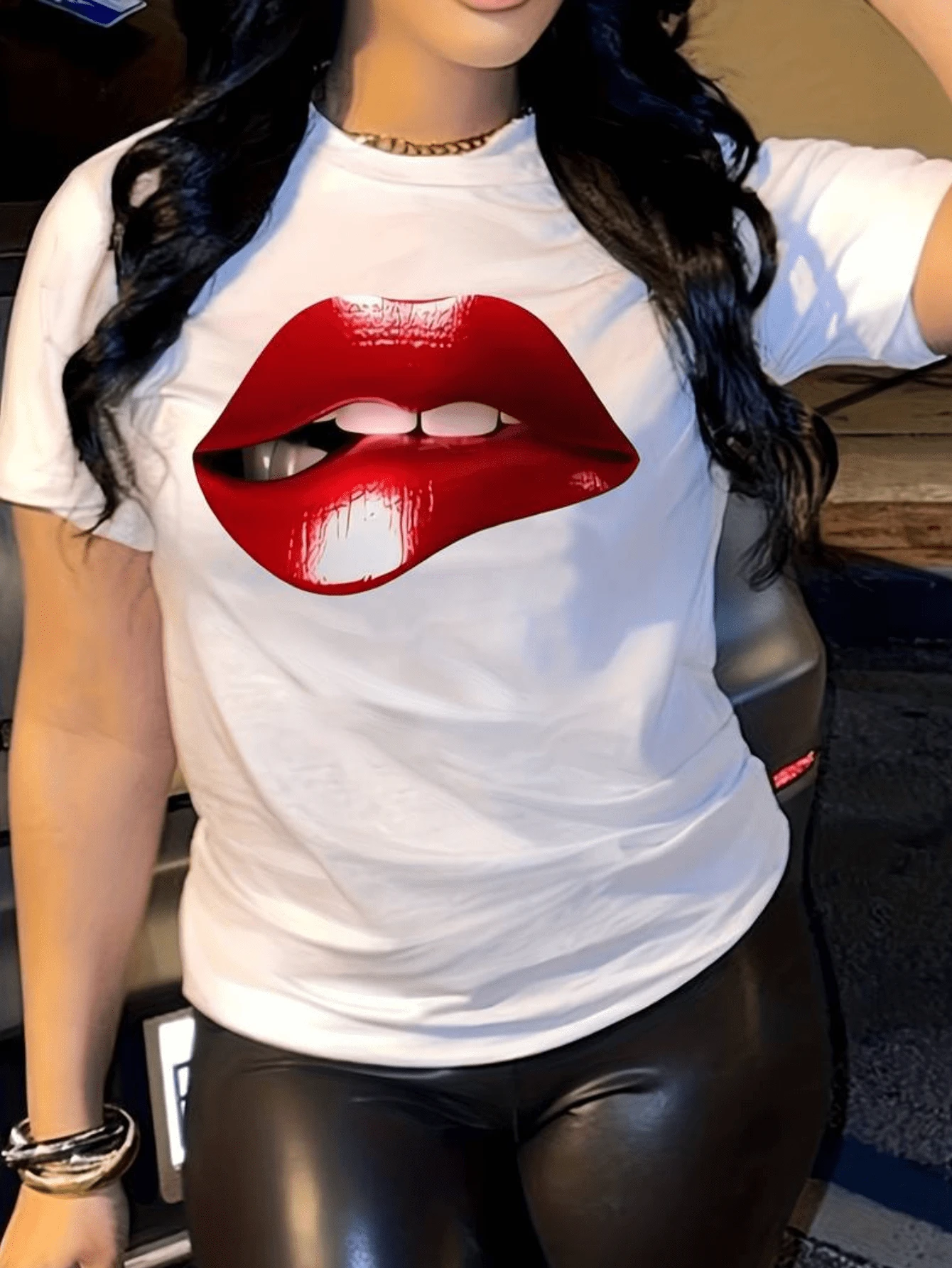 Women's T-Shirt Red Lips Print Short Sleeve Round Neck Casual Blouse 100% Cotton - 白色 - 查看 1