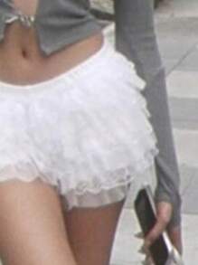 Women Lace Ruffle Trim Casual Mini Shorts, Summer - White - View 3