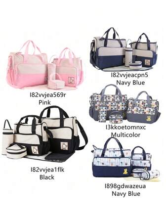 Juego de 5 piezas de bolsa de pañales con estampado de lunares de moda; bolso de maternidad/lactancia de gran capacidad y multi-función; juego de bolso de hombro/bandolera para mamá; bolsa de pañales portátil para salidas