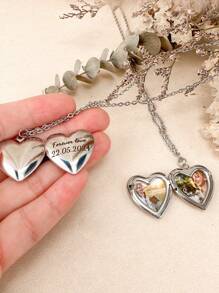 1pc Customizable Heart-Shaped Photo Pendant Necklace, Christmas Gift For Girlfriend/Friend/Mother/Daughter, Personalized Christmas Gift, Suitable For Family, Couples And Pets, Suitable For Daily Wear, Birthday, Valentine's Day, Anniversary And Other Occasions - Silver - View 2