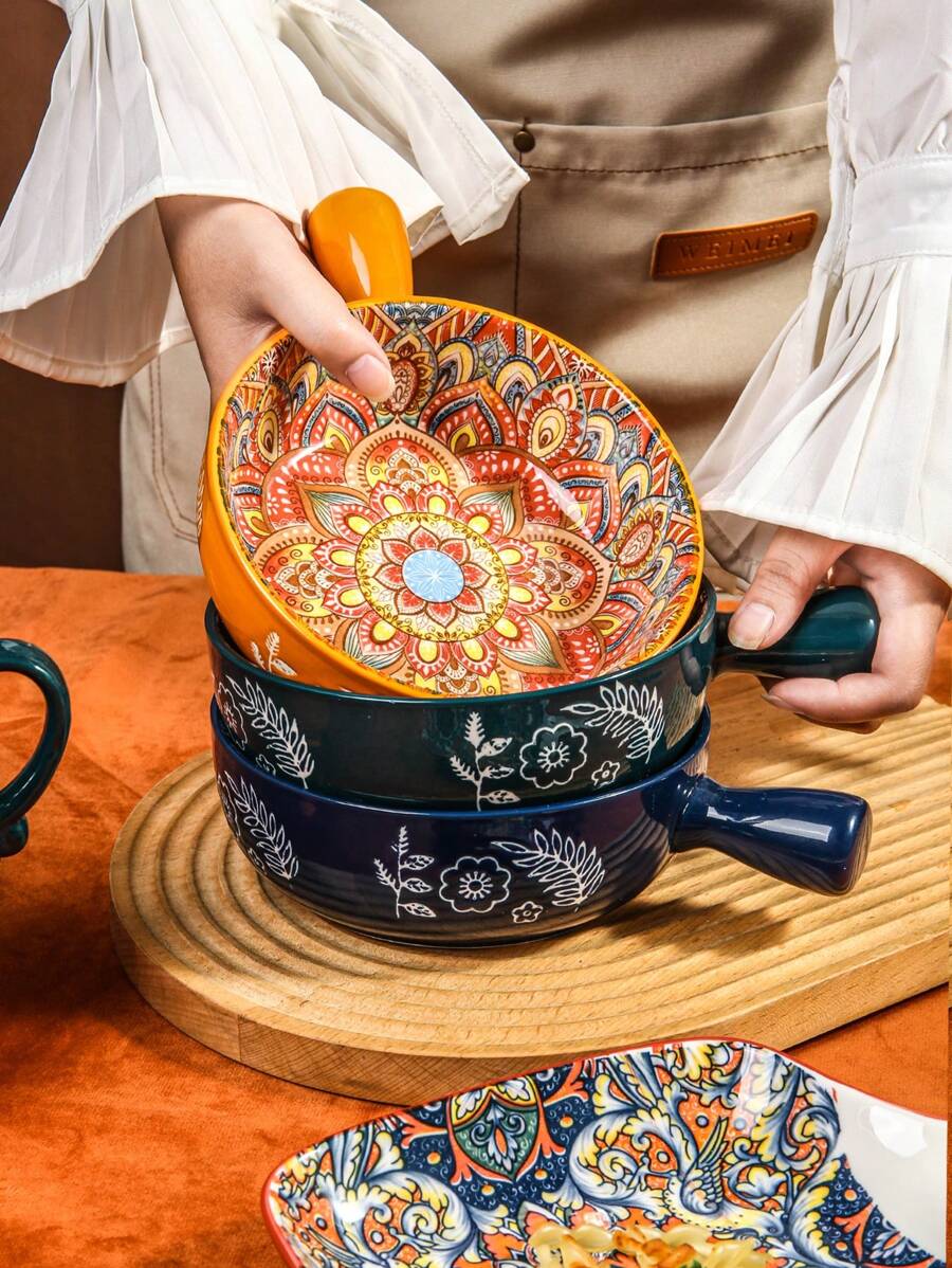 1 件带手柄陶瓷碗，圆形深盘，4 种颜色可选，适用于拉面碗、沙拉碗、汤碗 - 彩色 - 查看 1