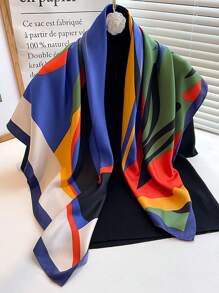 1 pieza Pañuelo cuadrado de satén de 90cm con estampado abstracto de bloques de color para mujer, nuevo estilo bohemio de moda, pañuelo para el cuello, pañuelo para la cabeza, lazo para el cabello - Multicolor - Ver 1