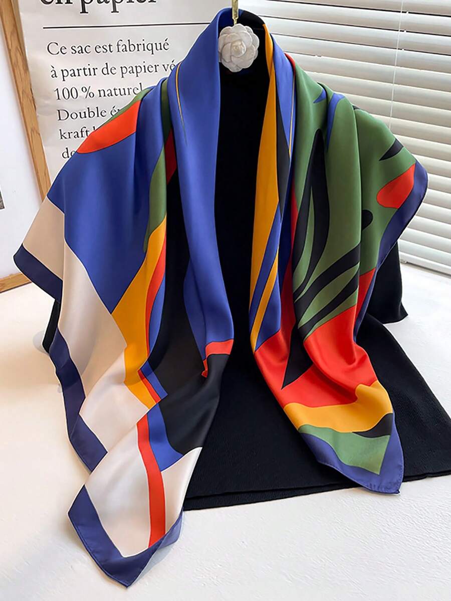 1 pieza Pañuelo cuadrado de satén de 90cm con estampado abstracto de bloques de color para mujer, nuevo estilo bohemio de moda, pañuelo para el cuello, pañuelo para la cabeza, lazo para el cabello - Multicolor - Ver 1