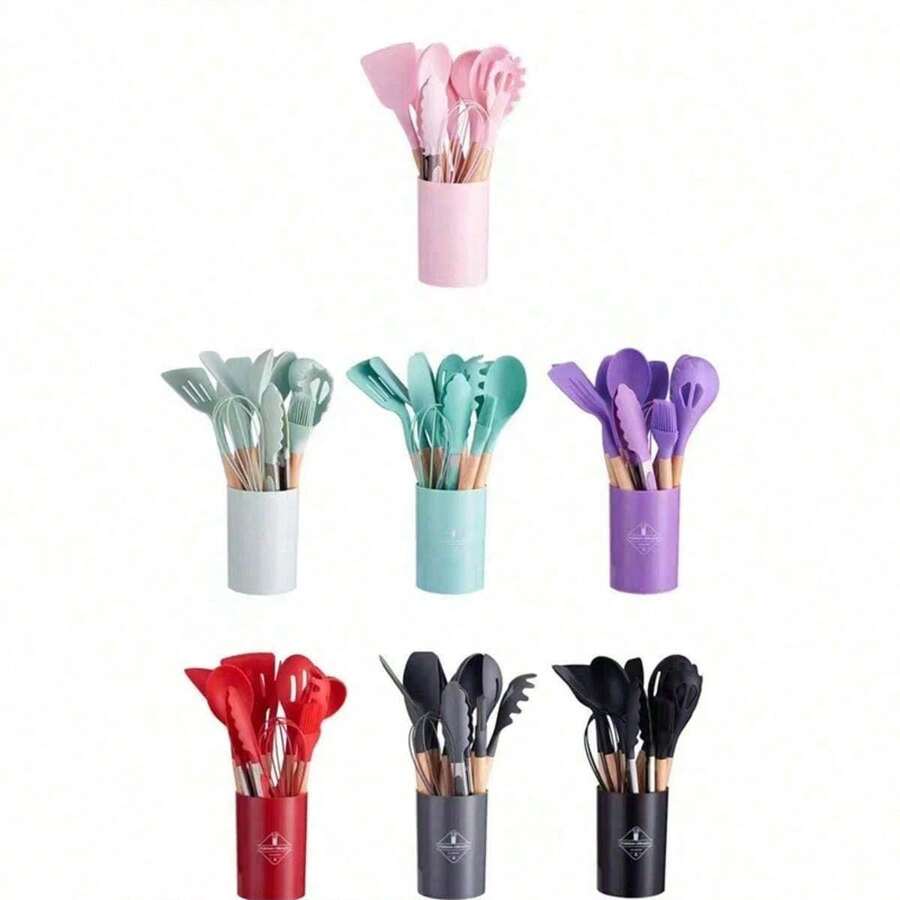Silicone Spoons Set With Wooden Handle 12 Pieces Kitchen Utensils - 灰色 - 查看 1
