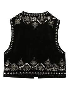 Women Sleeveless Jacket Spring Autumn Velvet Embroidery Sequin Vest - Black - View 4