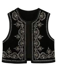 Women Sleeveless Jacket Spring Autumn Velvet Embroidery Sequin Vest - Black - View 3
