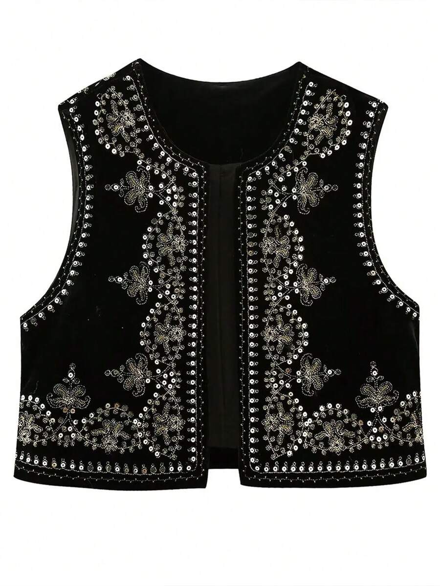 Women's Sleeveless Jacket, Spring/Autumn Velvet Embroidered Sequin Vest Casual Black - Black - View 1