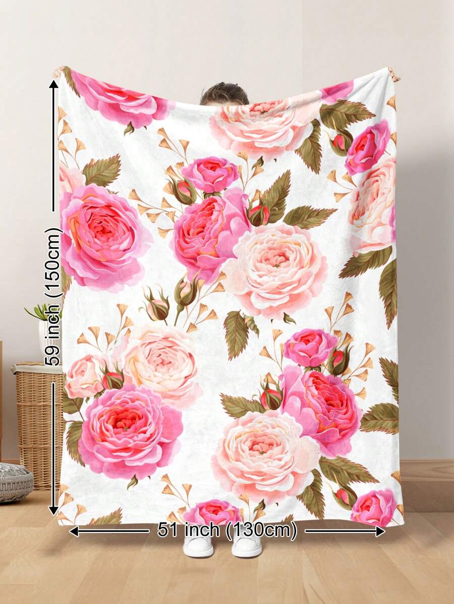 1 peça de cobertor de pelúcia macio com estampa de flor rosa e planta floral aquarela, adequado para sala de estar, sofá, cadeira e quarto, versátil para todas as estações, ótimo para viagens, acampamentos e como presente - Multicolorido - Ver 1