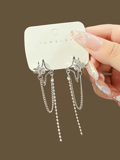 1 Pair Fashionable High-End Pentagram Earrings, Zinc Alloy Chain Tassel Earrings, Exquisite European-American Style Ear Pendants