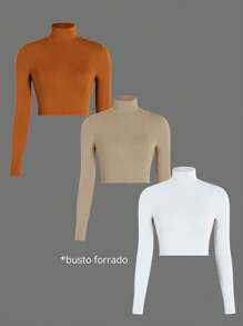 Kit 3 Ribbed Cropped Tops High Neck Long Sleeve Women's Fashion Elegant Foreign Woman - Karamel, telanjang dan putih - View 1