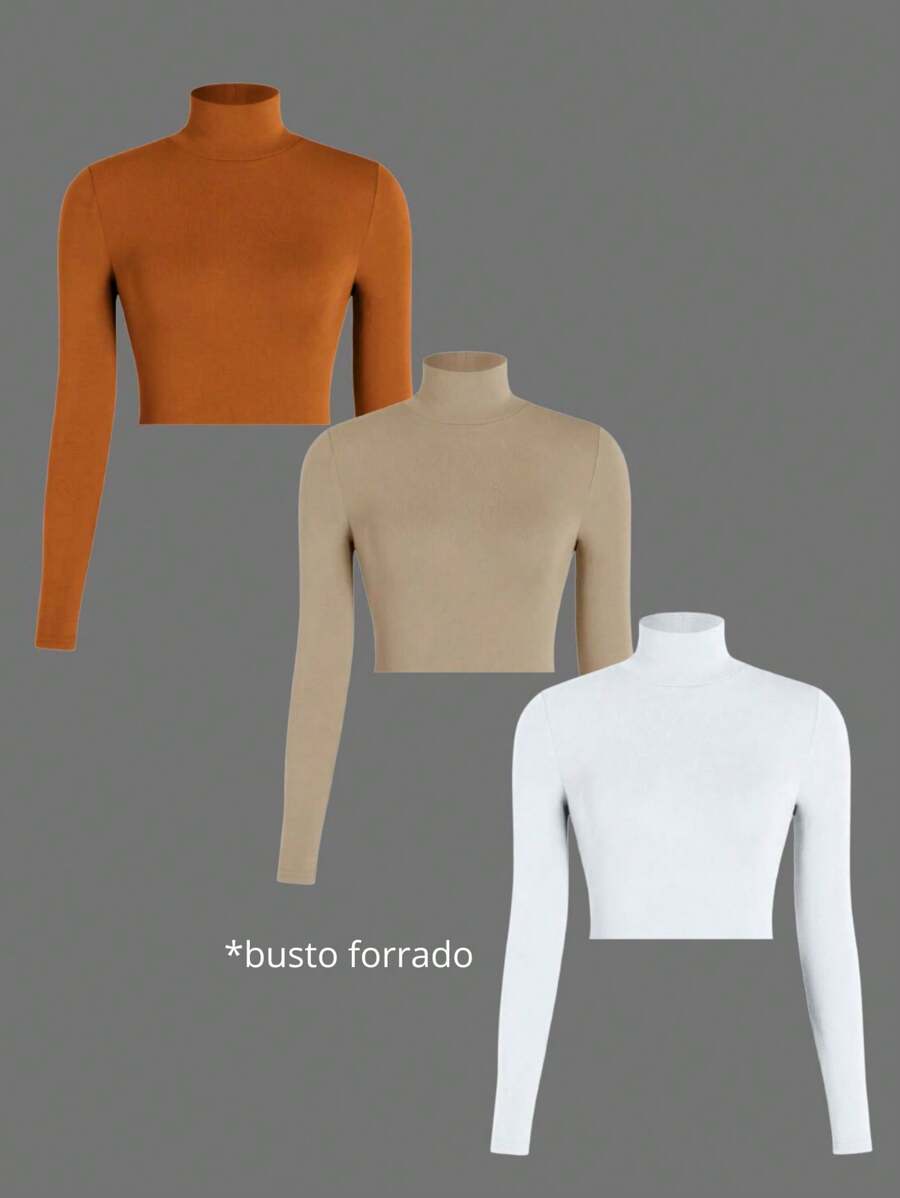 Kit 3 Ribbed Cropped Tops High Neck Long Sleeve Women's Fashion Elegant Foreign Woman - Karamel, telanjang dan putih - View 1
