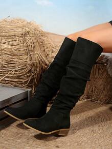 女士粗跟过膝靴，时尚可拆卸正装靴，女士舒适西部靴