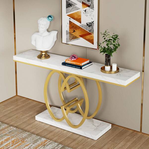 Tribesigns Tribesigns 140 cm Gold Konsolentisch, Moderner Eingangsbereich, Flurtisch mit geometrischem Metallsockel, Faux Marmor Weiß Holz Sofatisch Foyertisch für Wohnzimmer, Weiß und Gold