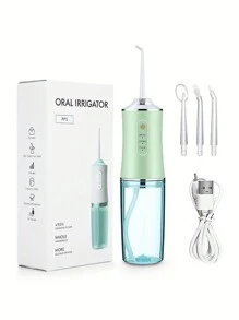 1 pièce Hydropulseur dentaire portable, rince-bouche à jet d'eau rechargeable USB, fil dentaire à jet d'eau, cure-dents, 4 embouts, 220ml, 3 modes - vert
