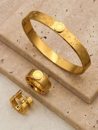 1 套/4 件新款时尚圆形罗马数字手链不锈钢珐琅手镯戒指耳环首饰套装女式橙色