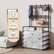5-Tier Hall Tree With Metal Clothes Rail, Shoe Rack For Front Door Entryway, Entryway Shoe Rack With Coat Rack, Multifunctional Entryway Storage Organizer Room Decor Home Decor Fall Decor Bedroom Decor - White - View 4