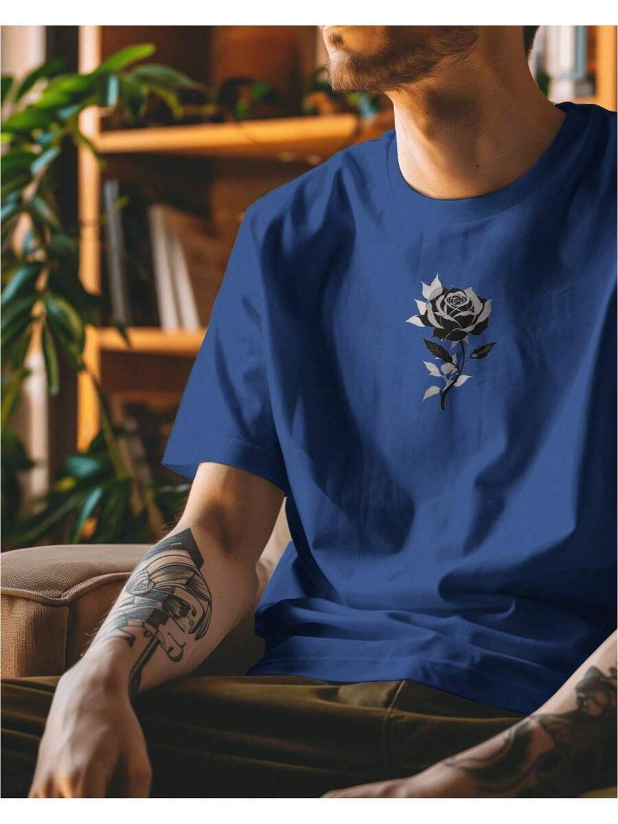 Basic Streetwear T-Shirt Minimalist Flower Print Men Women Unisex Premium - 藍色 - 查看 1