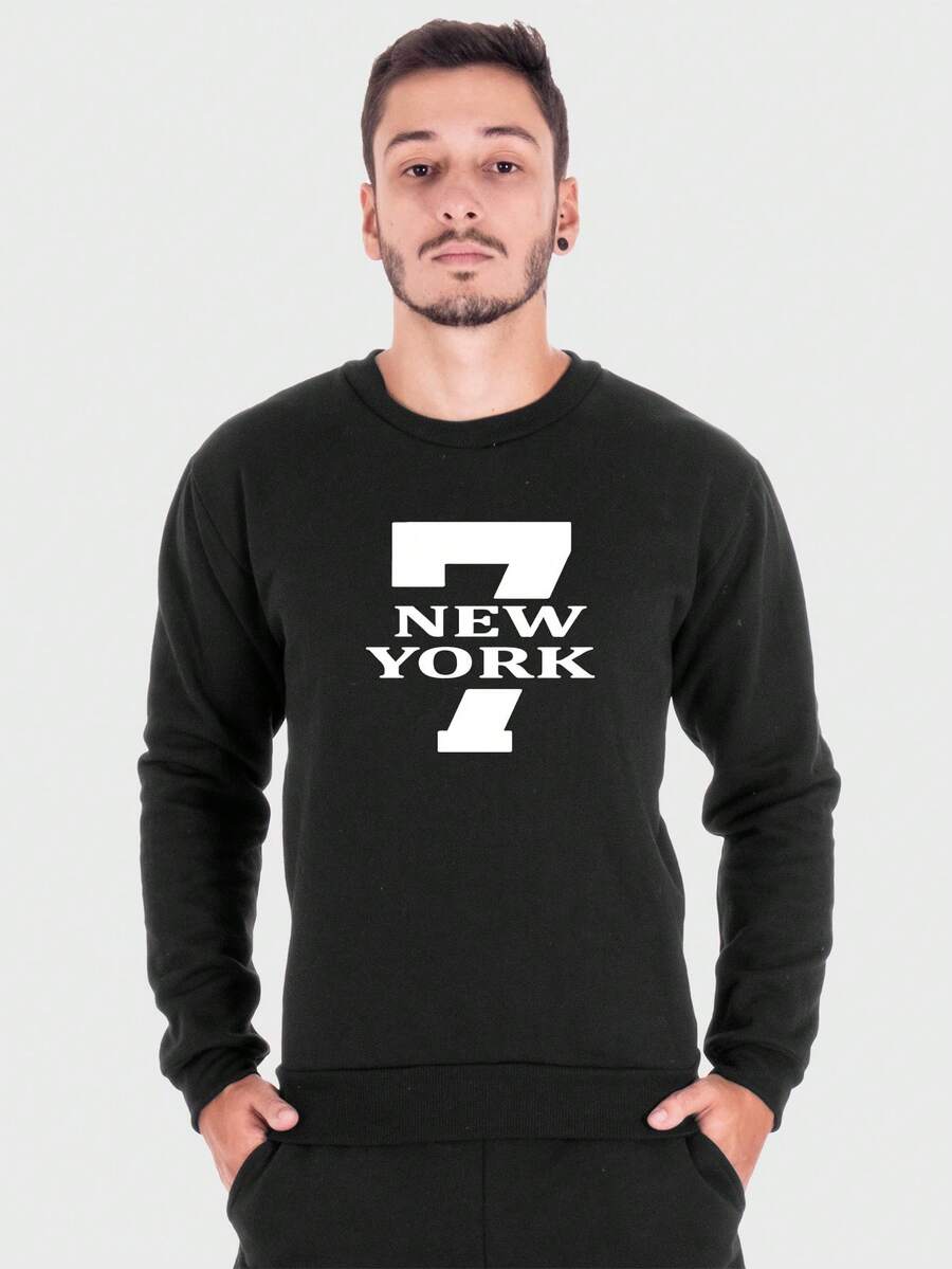Men's Basic Round Neck Sweatshirt Print 7 New York Flannel Interior - màu đen - Xem 1