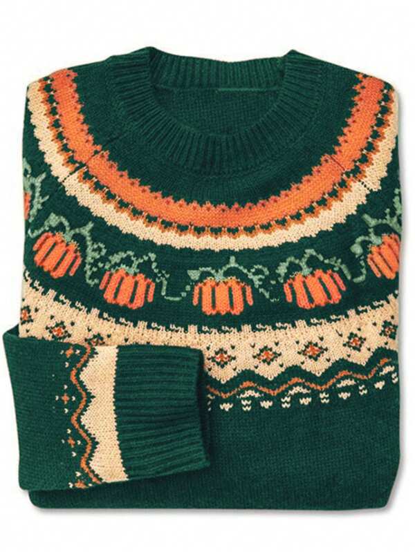 Pumpkin Jacquard Crew Neck Casual Regular Knit Pullover Top, Halloween