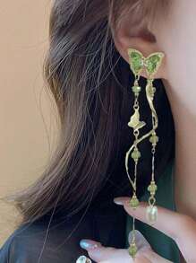 2pcs Green Butterfly Pendant & Pearl Tassel Earrings Set, Perfect Match For Spring/Summer Outfits - Green - View 4