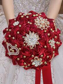 大型奢华心形蝴蝶仿珍珠新娘捧花，金色水钻缎带玫瑰，酒红色布艺永生花。情人节配饰