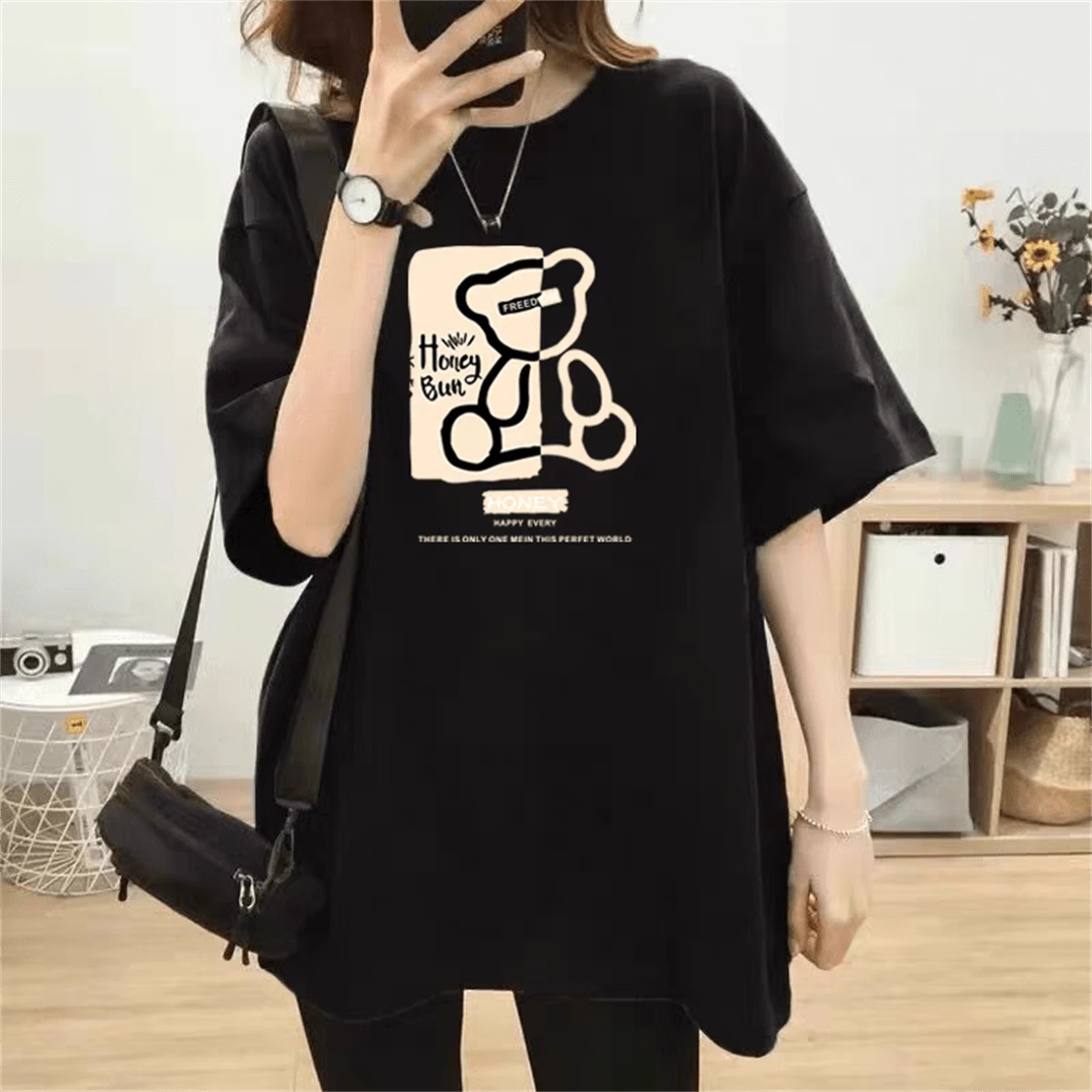 Oversized Blouse Women's T-Shirt 100% Cotton Plus-Size - 黑色 - 查看 1