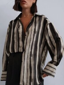 Regular Hem Women's Long Sleeve Striped Shirt In Comfortable Woven Fabric - Multicolor - View 1