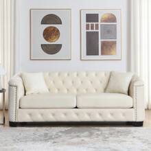 YOGLAD Modern Chesterfield Velvet Sofa, 2-Seater Sofa And 3-Seater Sofa, Upholstered Tufted Backrests With Nailhead Arms And 2 Cushions For Living Room, Bedroom, Apartment, Office - Màu be - Xem 3