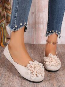 Cross-Border Plus Size Fashion Rosa e Peônia Floral Estampado Casual Sapatos Baixos Verdes Para Mulheres, Design Confortável Versátil Adequado Para Primavera, Outono, Inverno - Damasco - Ver 4