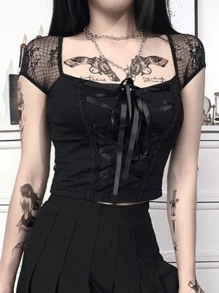 GLAM Cropped Gothic Bow With Lace Comfortable Gothic And Kpop Fashion - Black - View 1
